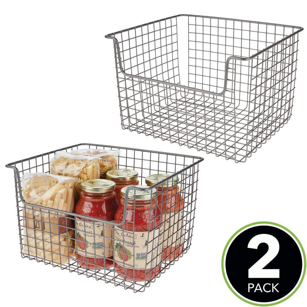 Results metal kitchen pantry food storage organizer basket farmhouse grid design with open front for cabinets cupboards shelves holds potatoes onions fruit 12 wide 2 pack graphite gray
