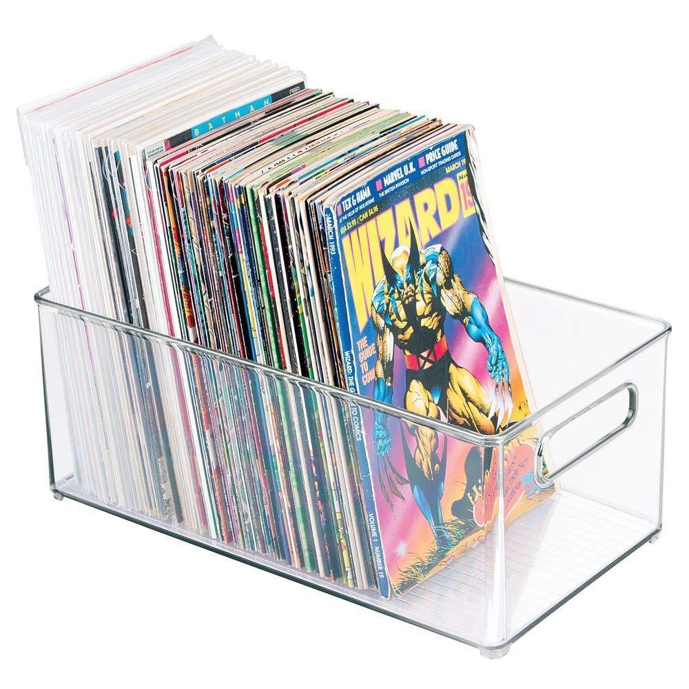 Budget friendly plastic home storage organizer container bin with handles for closets cabinets shelves hold dvds video games head sets controllers comics movies 14 5 long 8 pack clear