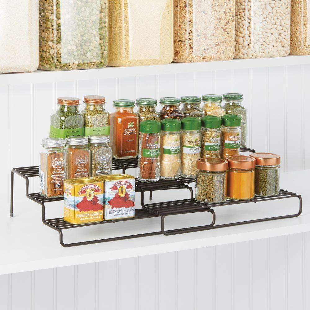On adjustable expandable kitchen wire metal storage cabinet cupboard food pantry shelf organizer spice bottle rack holder 3 level storage up to 19 5 wide bronze