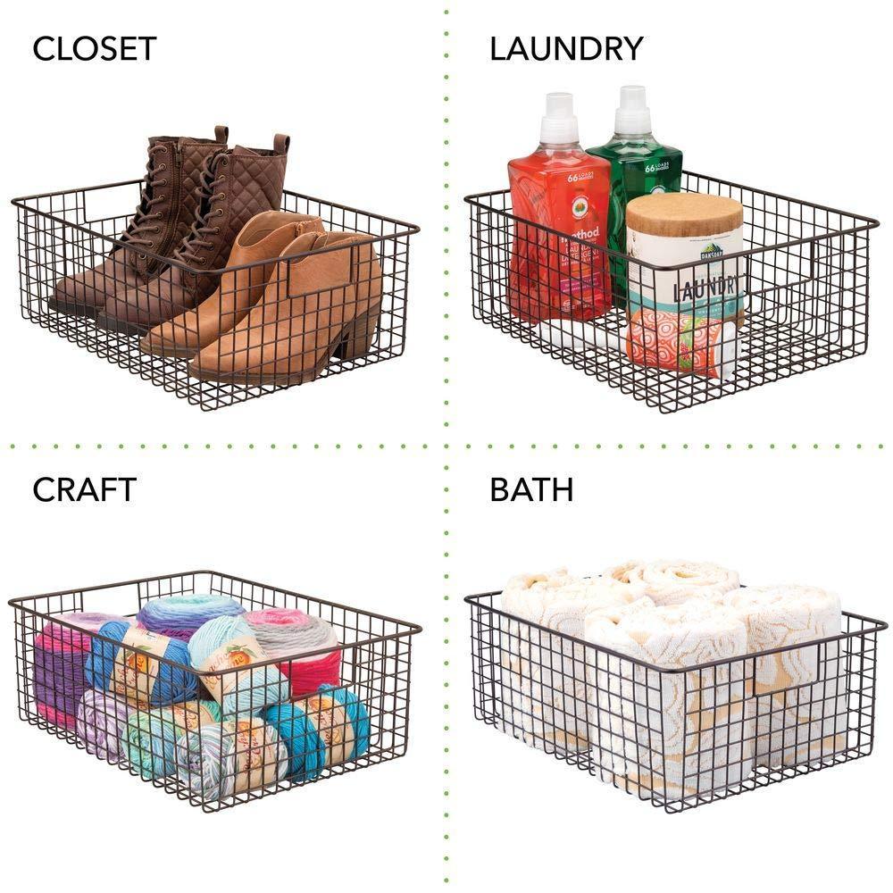 Featured farmhouse decor metal wire food organizer storage bin baskets with handles for kitchen cabinets pantry bathroom laundry room closets garage 4 pack bronze