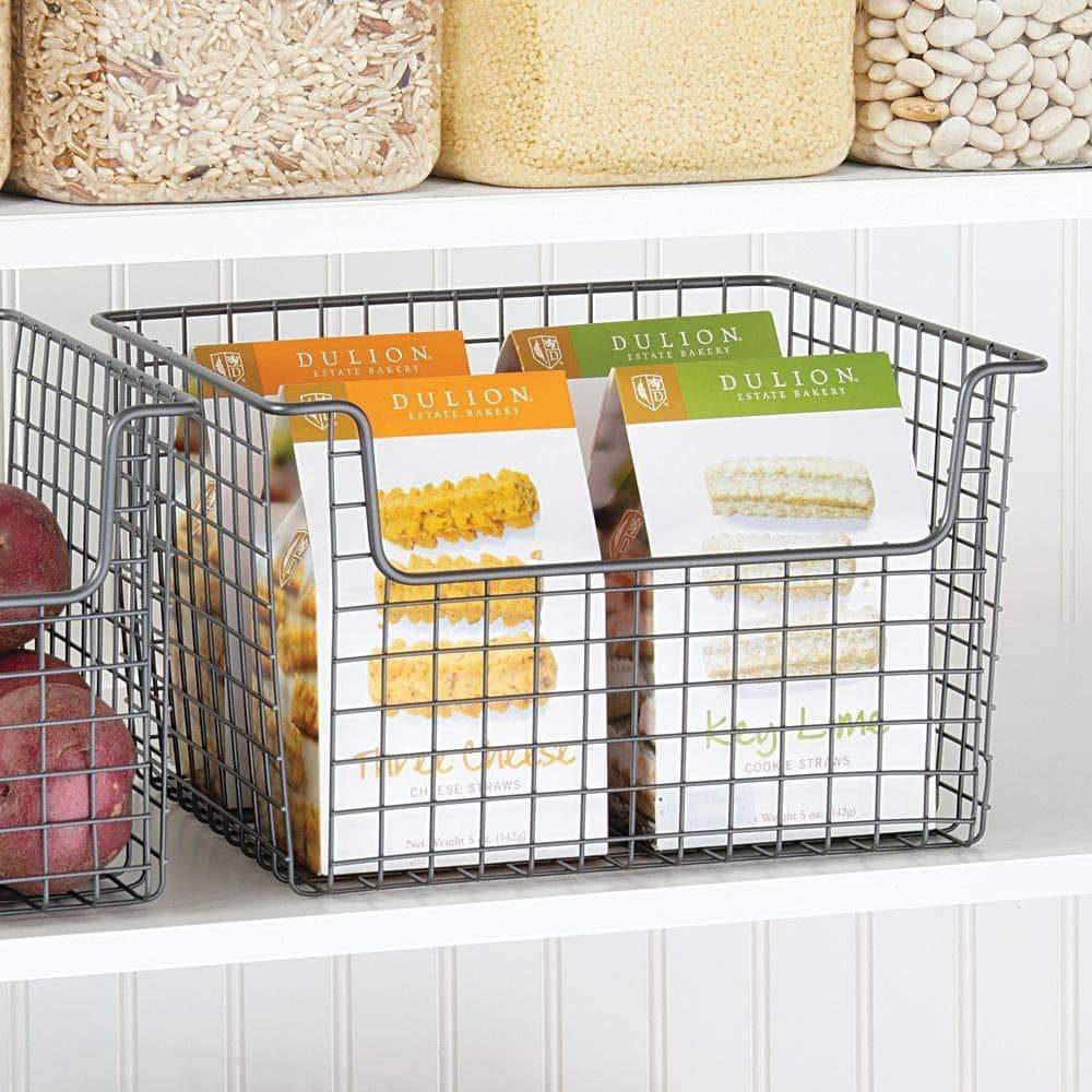 Related metal kitchen pantry food storage organizer basket farmhouse grid design with open front for cabinets cupboards shelves holds potatoes onions fruit 12 wide 2 pack graphite gray