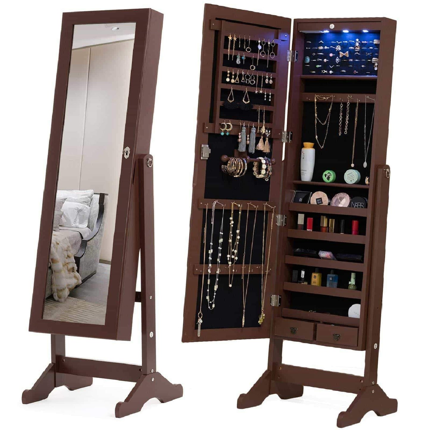 Top mecor jewelry armoire led standing mirrored jewelry cabinet organizer storage lockable full length mirror makeup box w 2 drawers 5 shelves 3 adjustable angle brown