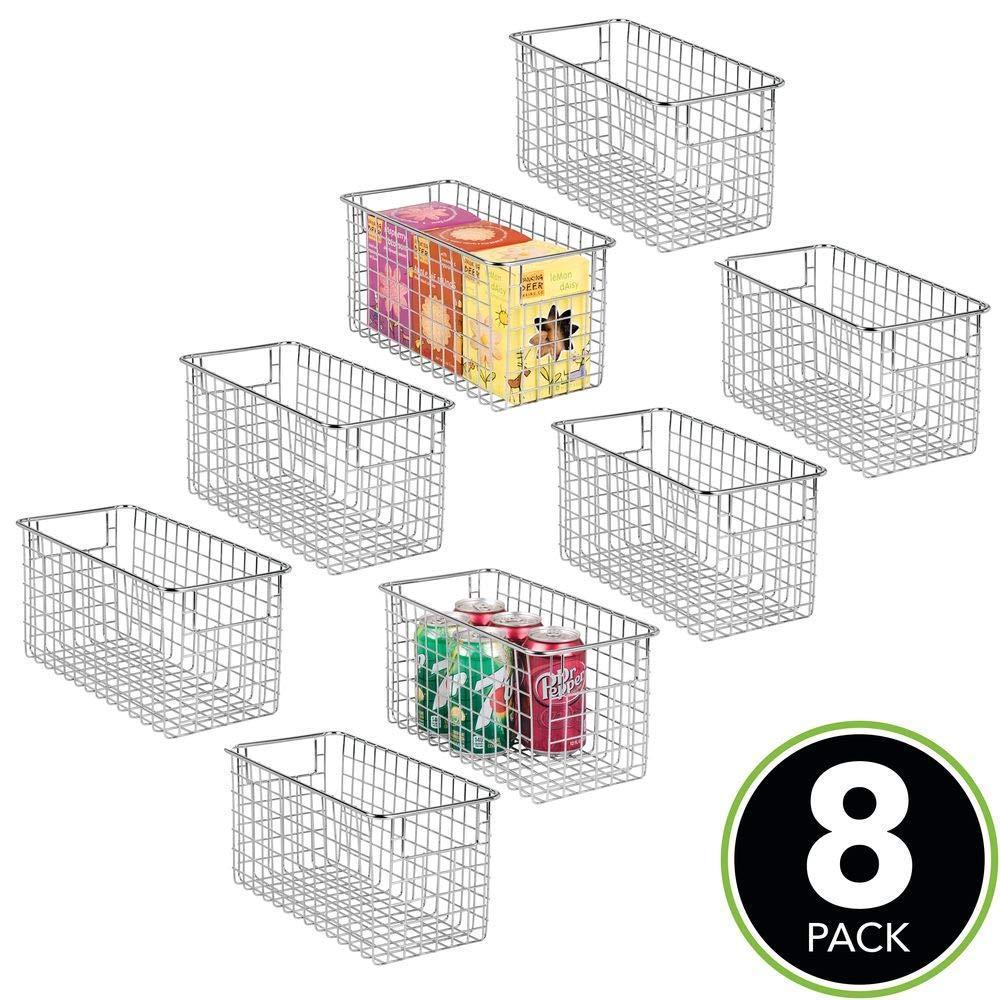 Organize with farmhouse decor metal wire food storage organizer bin basket with handles for kitchen cabinets pantry bathroom laundry room closets garage 12 x 6 x 6 8 pack chrome