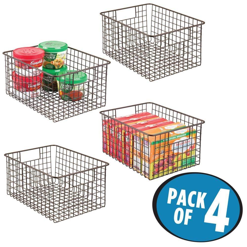 Exclusive farmhouse decor metal wire food storage organizer bin basket with handles for kitchen cabinets pantry bathroom laundry room closets garage 12 x 9 x 6 4 pack bronze