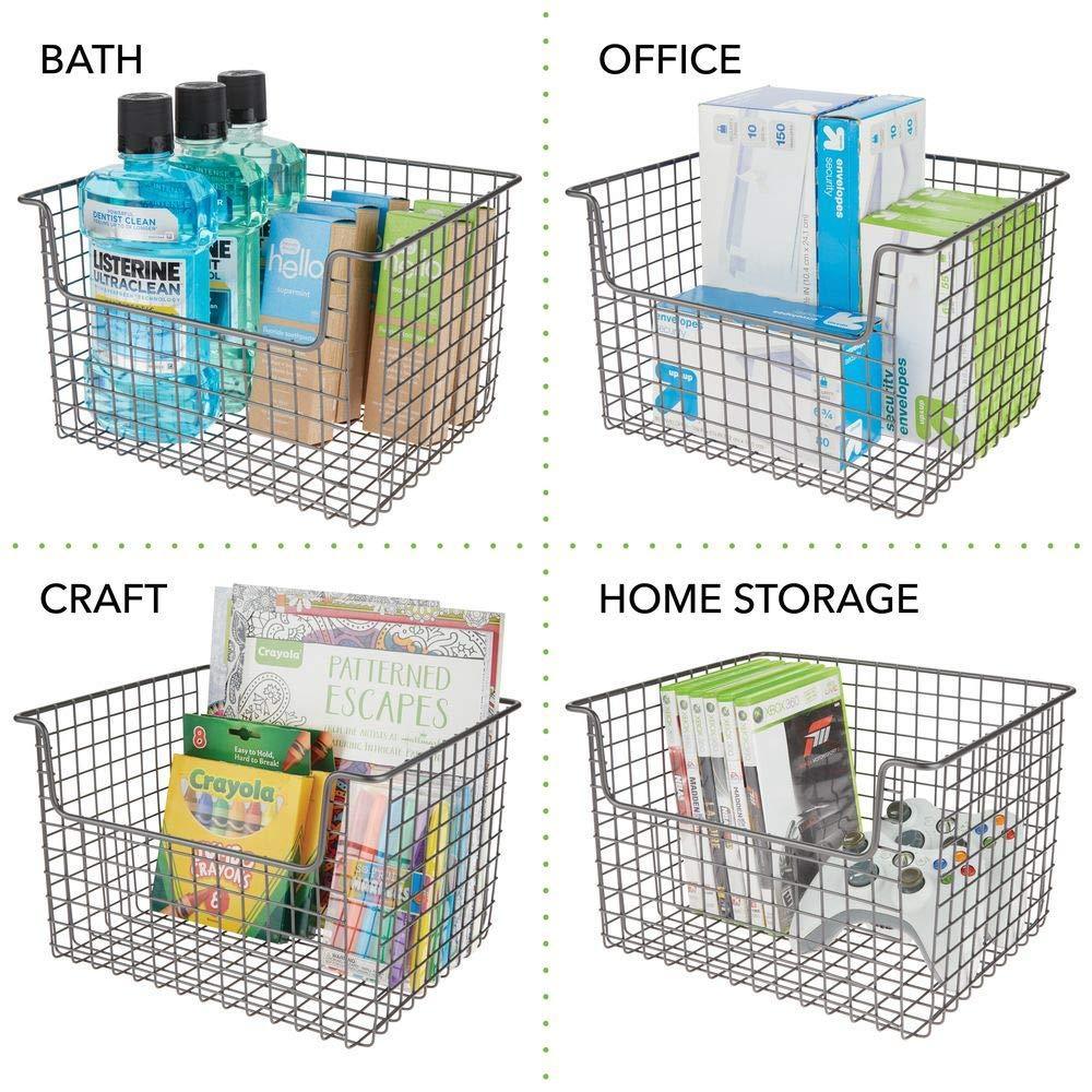 Purchase metal kitchen pantry food storage organizer basket farmhouse grid design with open front for cabinets cupboards shelves holds potatoes onions fruit 12 wide 2 pack graphite gray