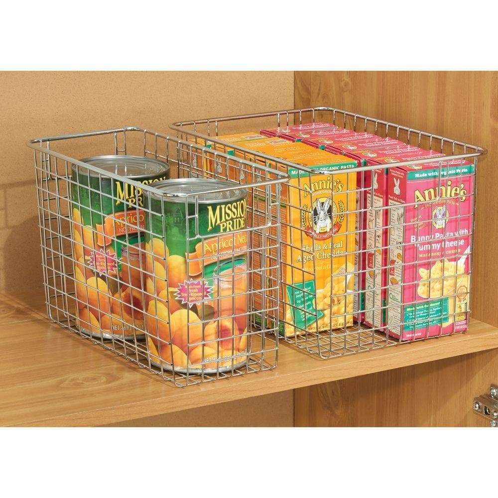 Save on farmhouse decor metal wire food storage organizer bin basket with handles for kitchen cabinets pantry bathroom laundry room closets garage 12 x 9 x 8 2 pack chrome