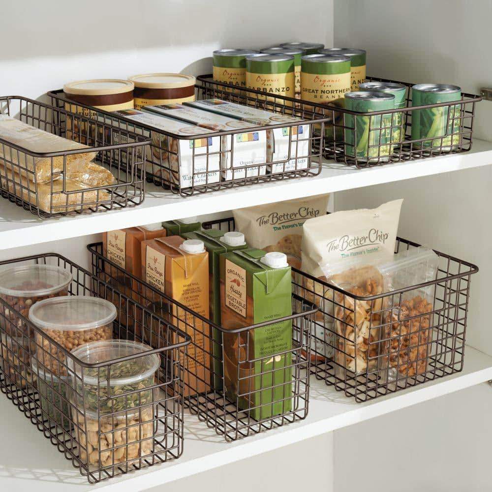 Heavy duty farmhouse decor metal wire food organizer storage bin basket with handles for kitchen cabinets pantry bathroom laundry room closets garage 16 x 9 x 6 in 8 pack bronze