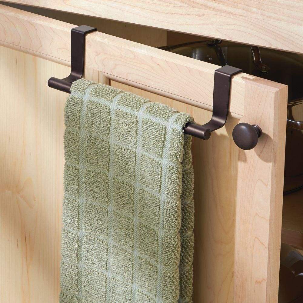 Products decorative metal kitchen over cabinet towel bar hang on inside or outside of doors storage and display rack for hand dish and tea towels 9 wide 8 pack bronze