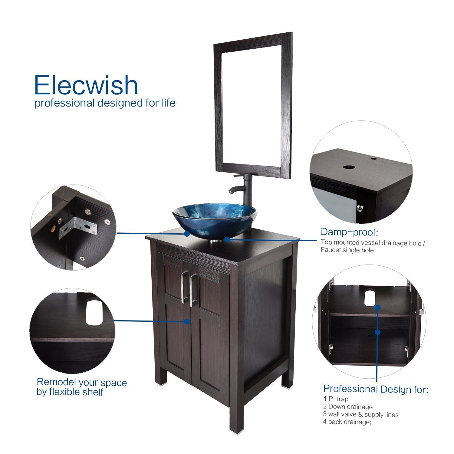 The best elecwish usba20090 usba20077 bathroom vanity and sink combo stand cabinet and tempered blue glass vessel sink orb faucet and pop up drain mirror mounting ring