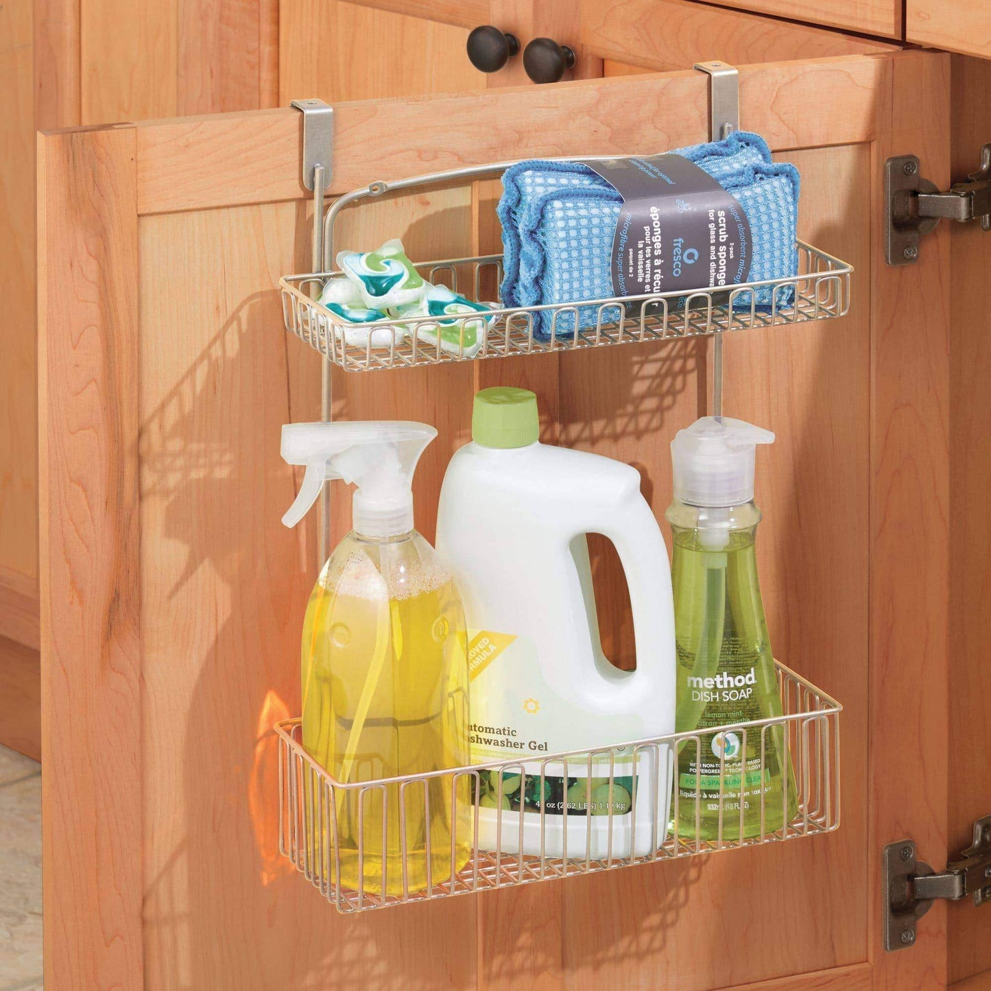 Organize with metal farmhouse over cabinet kitchen storage organizer holder or basket hang over cabinet doors in kitchen pantry holds dish soap window cleaner sponges satin