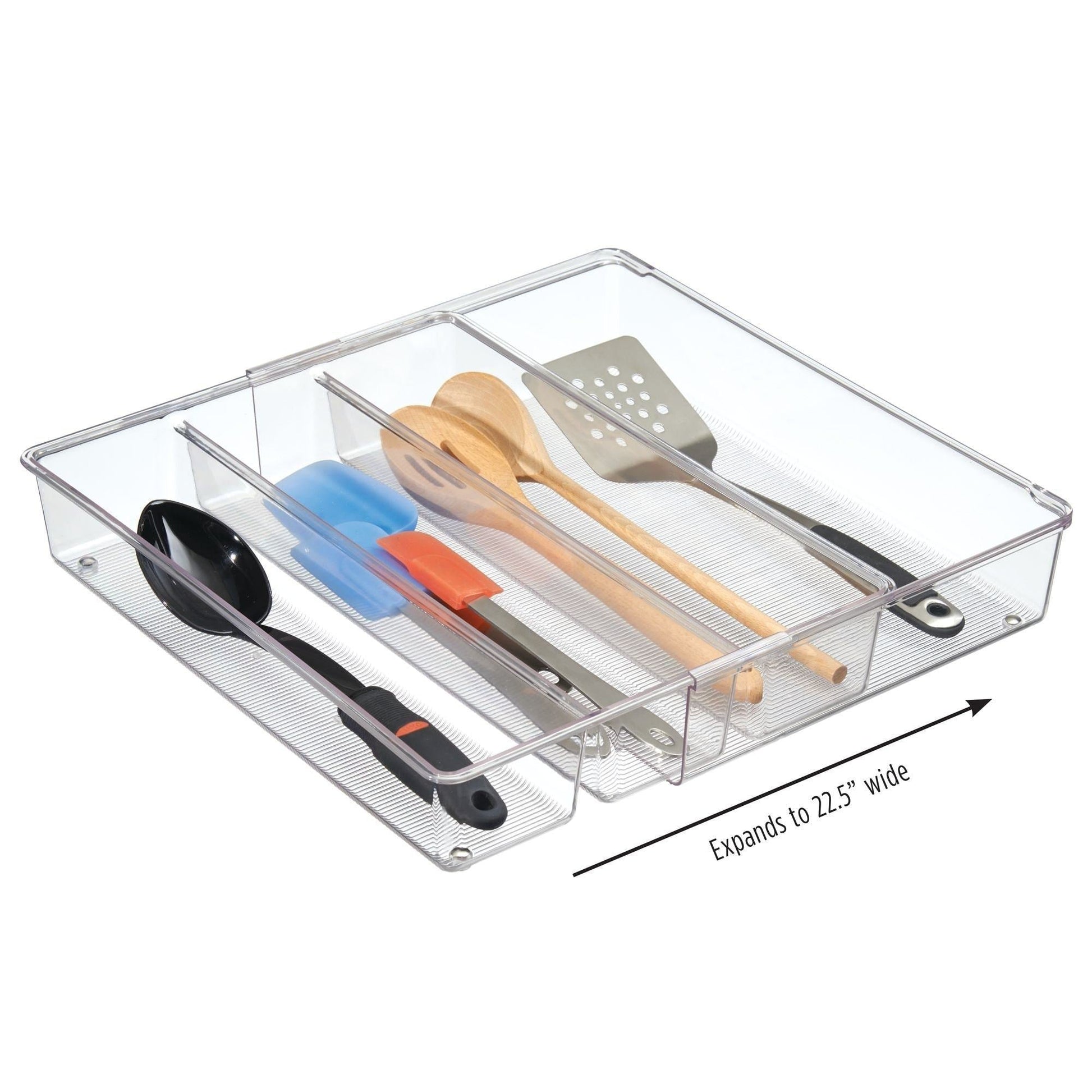 adjustable expandable 4 compartment kitchen cabinet drawer organizer tray divided sections for cutlery serving cooking utensils gadgets bpa free food safe 3 deep pack of 2 clear