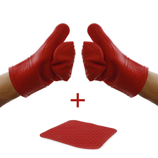 Elbee Home 641 Premium Silicone Oven Mitts and Pot Holder Set Soft Quilted Interior in in, Red