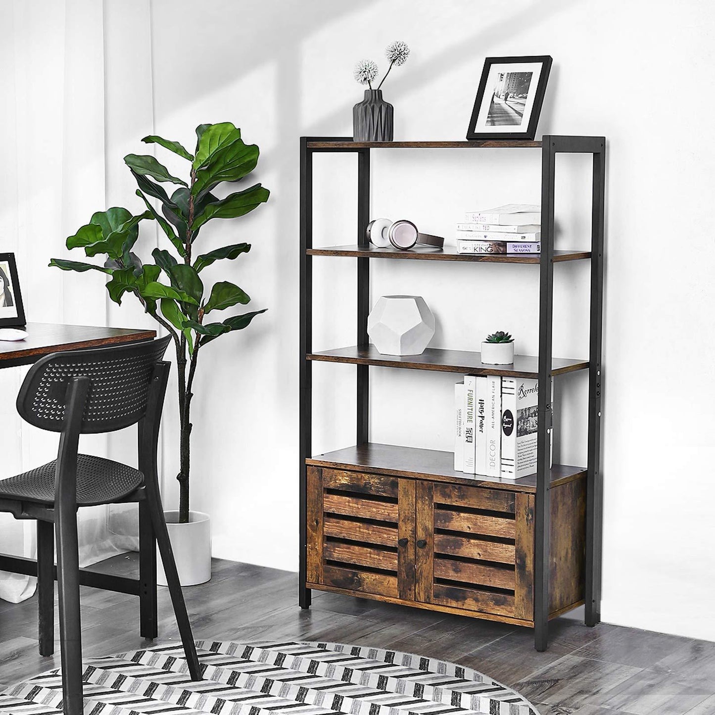 Discover the vasagle industrial storage cabinet bookshelf bookcse bathroom floor cabinet with 3 shelves and 2 shutter doors in living room study bedroom multifunctional rustic brown ulsc75bx