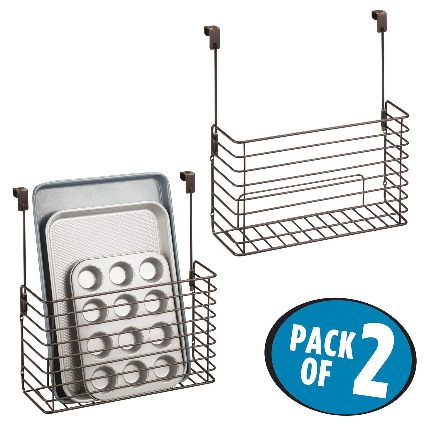 Buy now metal over cabinet kitchen storage organizer holder or basket hang over cabinet doors in kitchen pantry holds bakeware cookbook cleaning supplies 2 pack steel wire in bronze