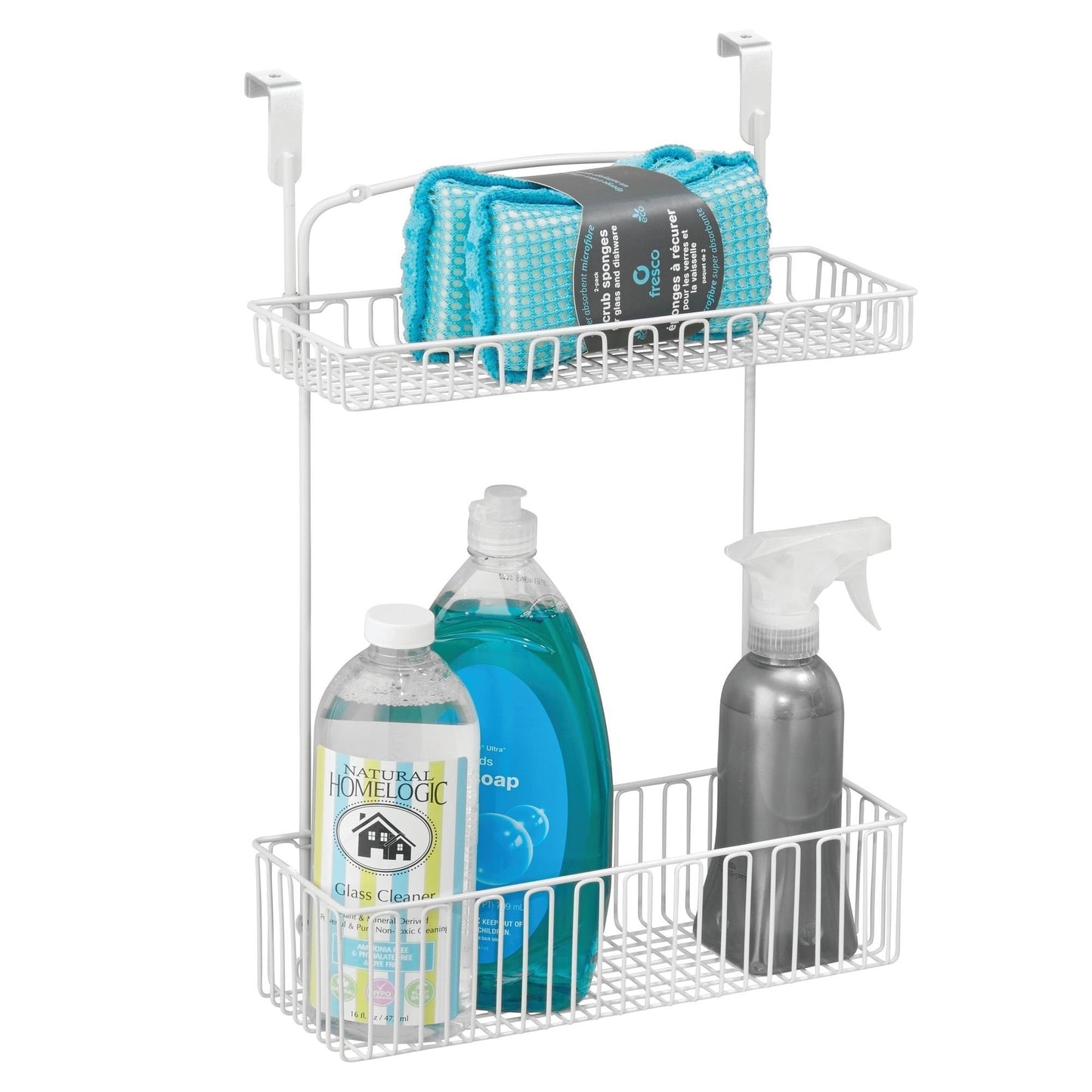 Top metal farmhouse over cabinet kitchen storage organizer holder or basket hang over cabinet doors in kitchen pantry holds dish soap window cleaner sponges 2 pack matte white