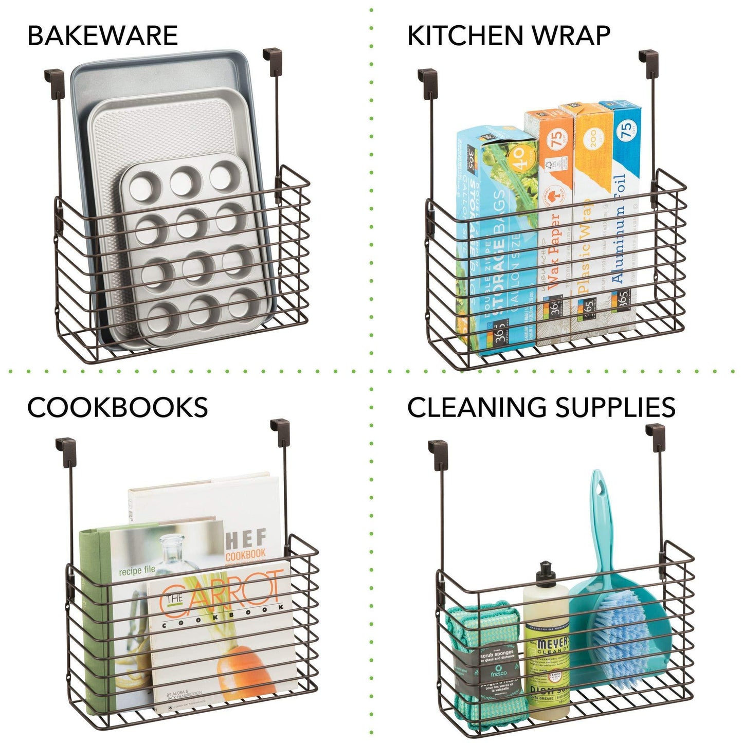 Discover the metal over cabinet kitchen storage organizer holder or basket hang over cabinet doors in kitchen pantry holds bakeware cookbook cleaning supplies 2 pack steel wire in bronze