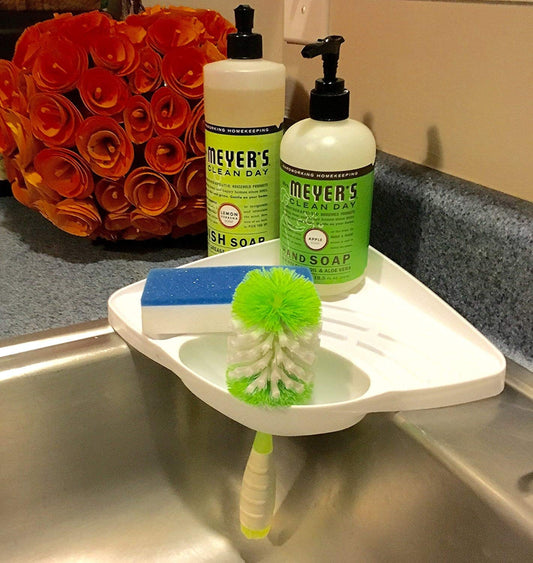 Adams of Saratoga- White kitchen sink sponge caddy & holder scratcher holder, baby bottle brush, cleaning brush holder sink organizer