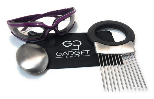 Onion Goggles Onion Holder Set – Includes Tear Free Anti Fog Onion Glasses with Free Micro Fiber Case, All in one Stainless Steel Onion Holder with Odor Remover. Must Have Kitchen Gadget Set (Purple)
