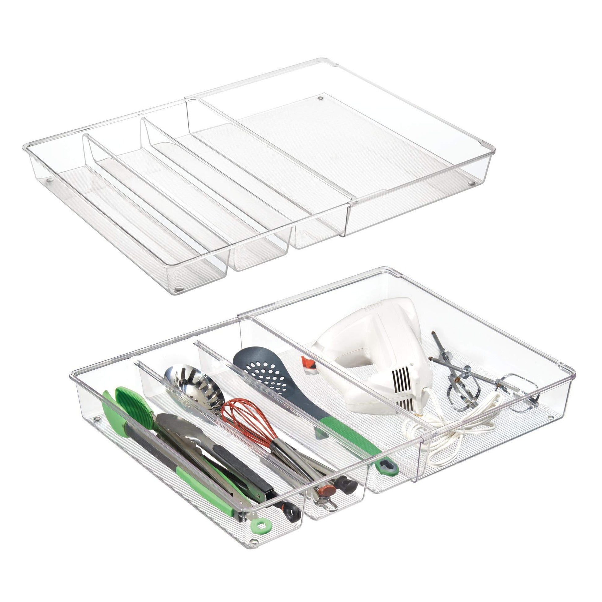 Top adjustable expandable 4 compartment kitchen cabinet drawer organizer tray divided sections for cutlery serving cooking utensils gadgets bpa free food safe 3 deep pack of 2 clear