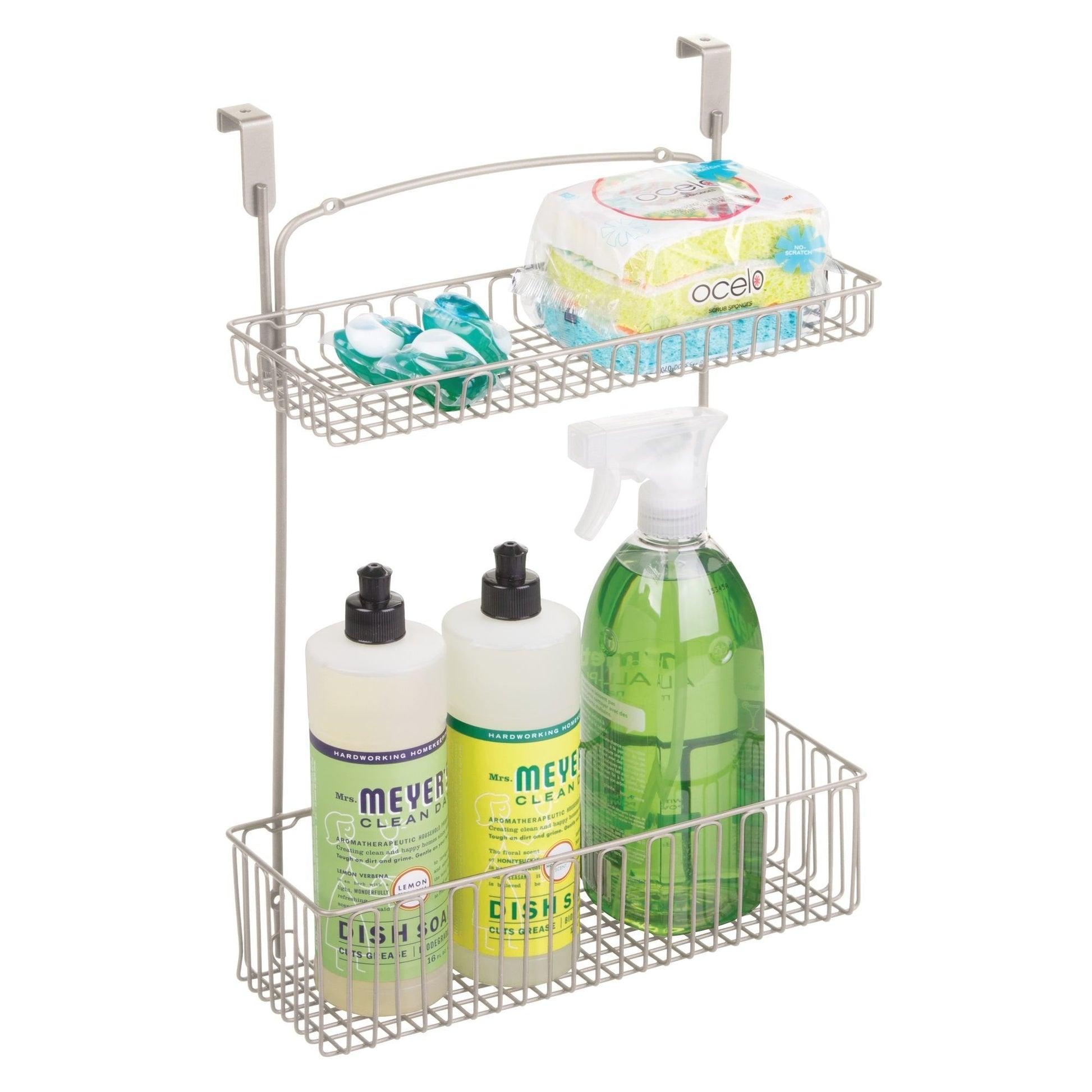 Products metal farmhouse over cabinet kitchen storage organizer holder or basket hang over cabinet doors in kitchen pantry holds dish soap window cleaner sponges satin
